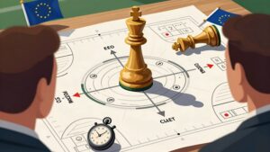Strategist analyzing tactical diagrams with a defiant pawn symbolizing the October 2026 European Competition Chaos Underdog